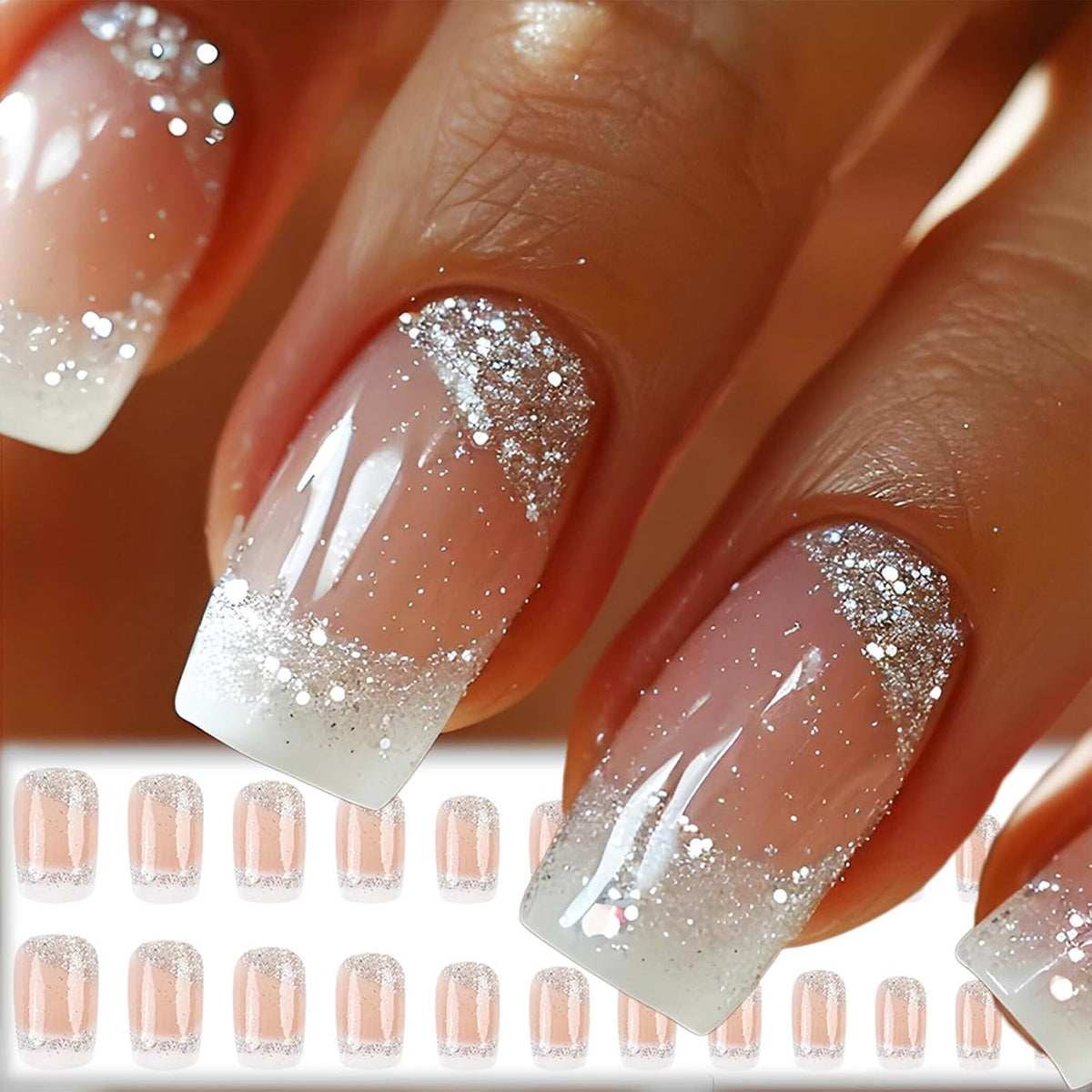 White French Tips Press on Nails 24Pcs Glossy Silver Glitter Acrylic Fake Nails Sparkly False Nail Milky Way Gel Glue on Nail Stars Stick on Medium Square Fingernails for Coquette Women Girls