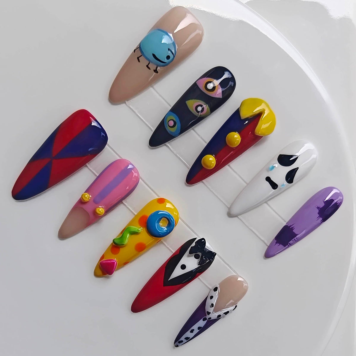 Handmade Press on Acrylic Nails, Almond Long Press Ons with Purple & Nude 3D Swirl Design, Rhinestone & Polka Dot Accents, Stiletto Glue on False Nails Y2K M Size -Gleamrain Design 801