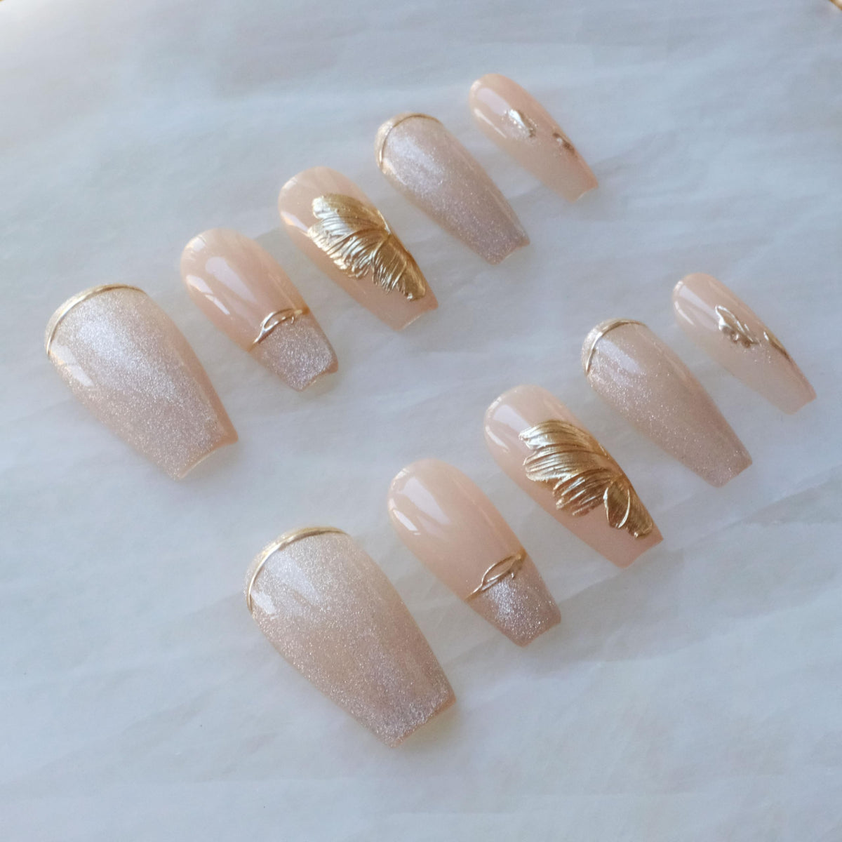 Luxury Handmade Press On Nails, Vintage Bohemian Style, Long Stiletto Shape, Crystal Heart Gems, Gold Stars Design, 10 Pieces (Large, LS)