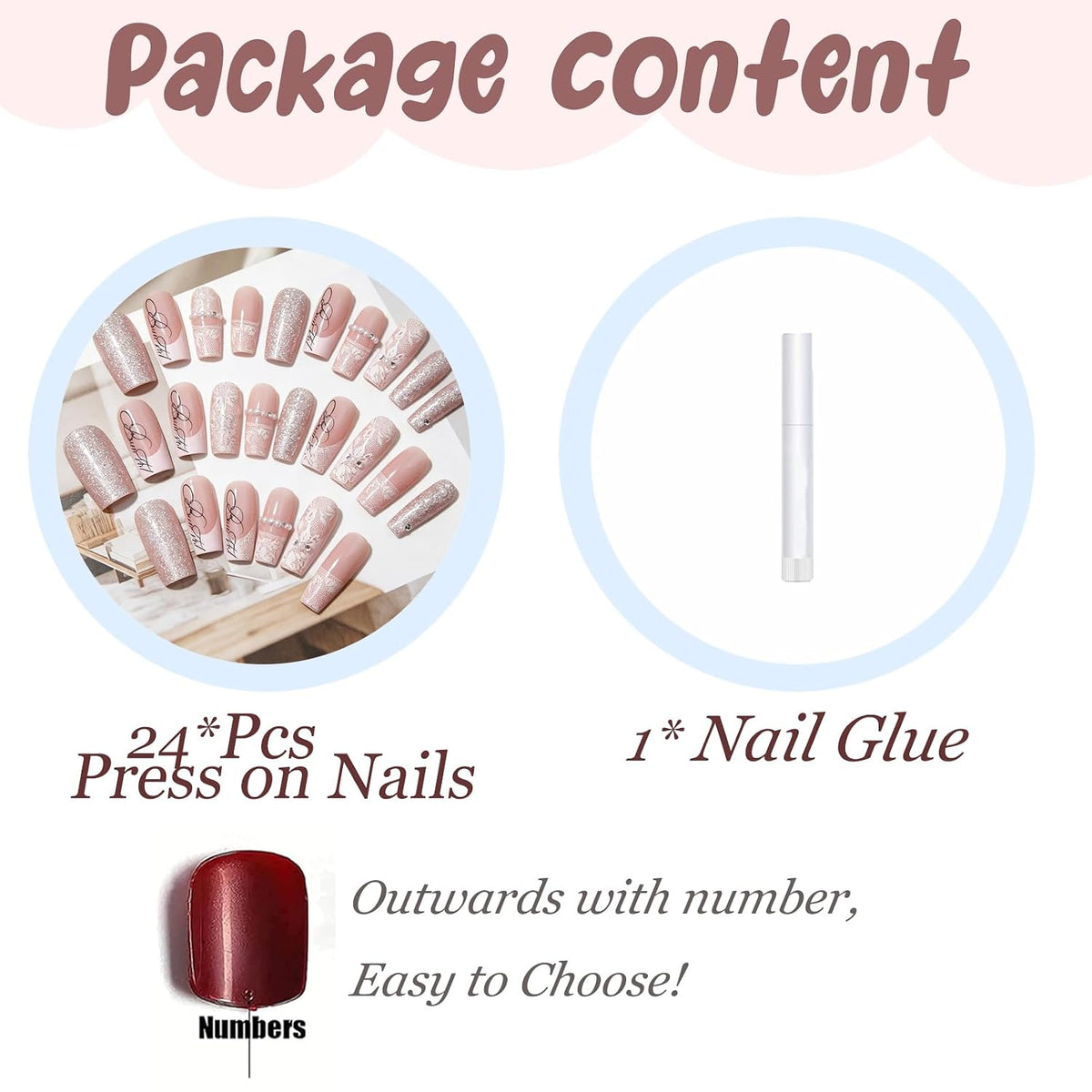 BABALAL Press On Nails Long Square Fake Nails Nude Pink White French Tip Lace Pearl Rhinestone Glossy Bridal Wedding Glue On Nails 24Pcs