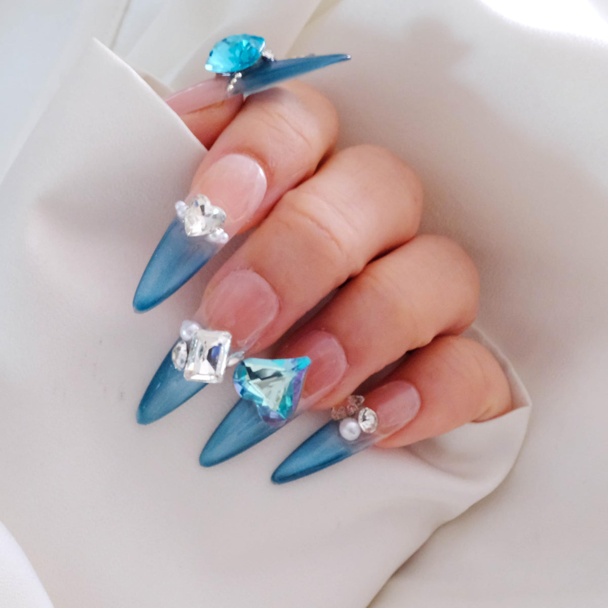 Luxury Handmade Press On Nails, Vintage Bohemian Style, Long Stiletto Shape, Crystal Heart Gems, Gold Stars Design, 10 Pieces (Large, LS)
