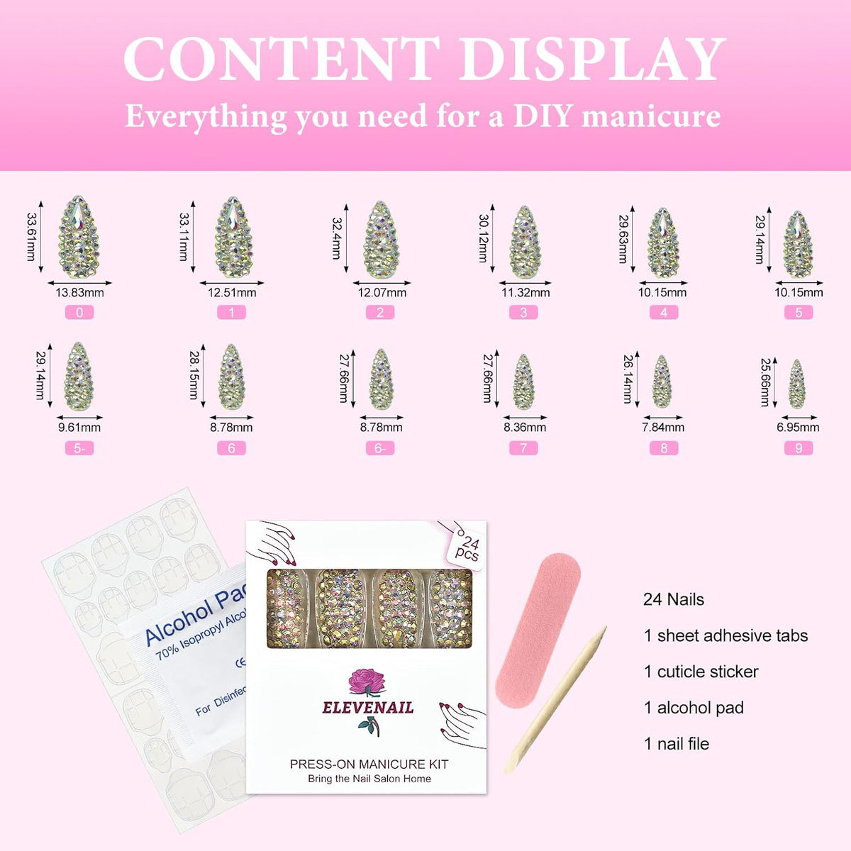 Elevenail Handmade Press on Nails Full Cover Luxurious 3D Crystal False Nails Super Extra Long Stiletto Diamonds Art Decoration Fake Nails Manicure Kit Nail Art Tips Gift for Women Girls Wedding Party