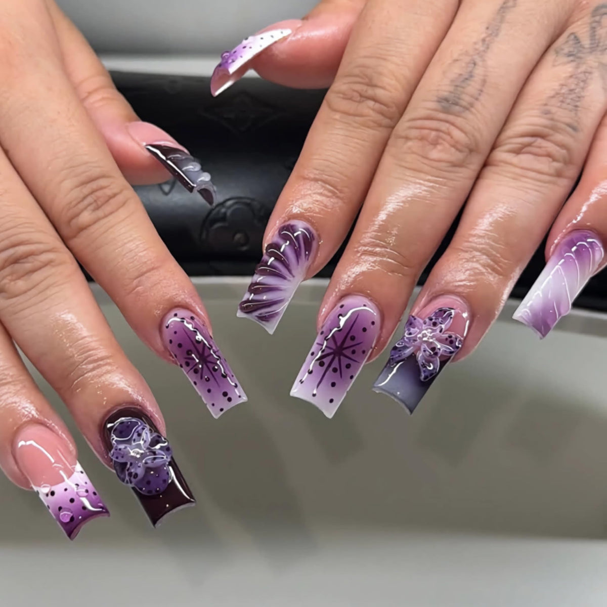 BABALAL Press on False Nails Long Square Fake Nails Black and Gold Chrome Gothic Glue on Cross Charm Luxury 3d Design French Tip Acrylic 24Pcs Y2k Handmade Custom Full Cover Gel Nails