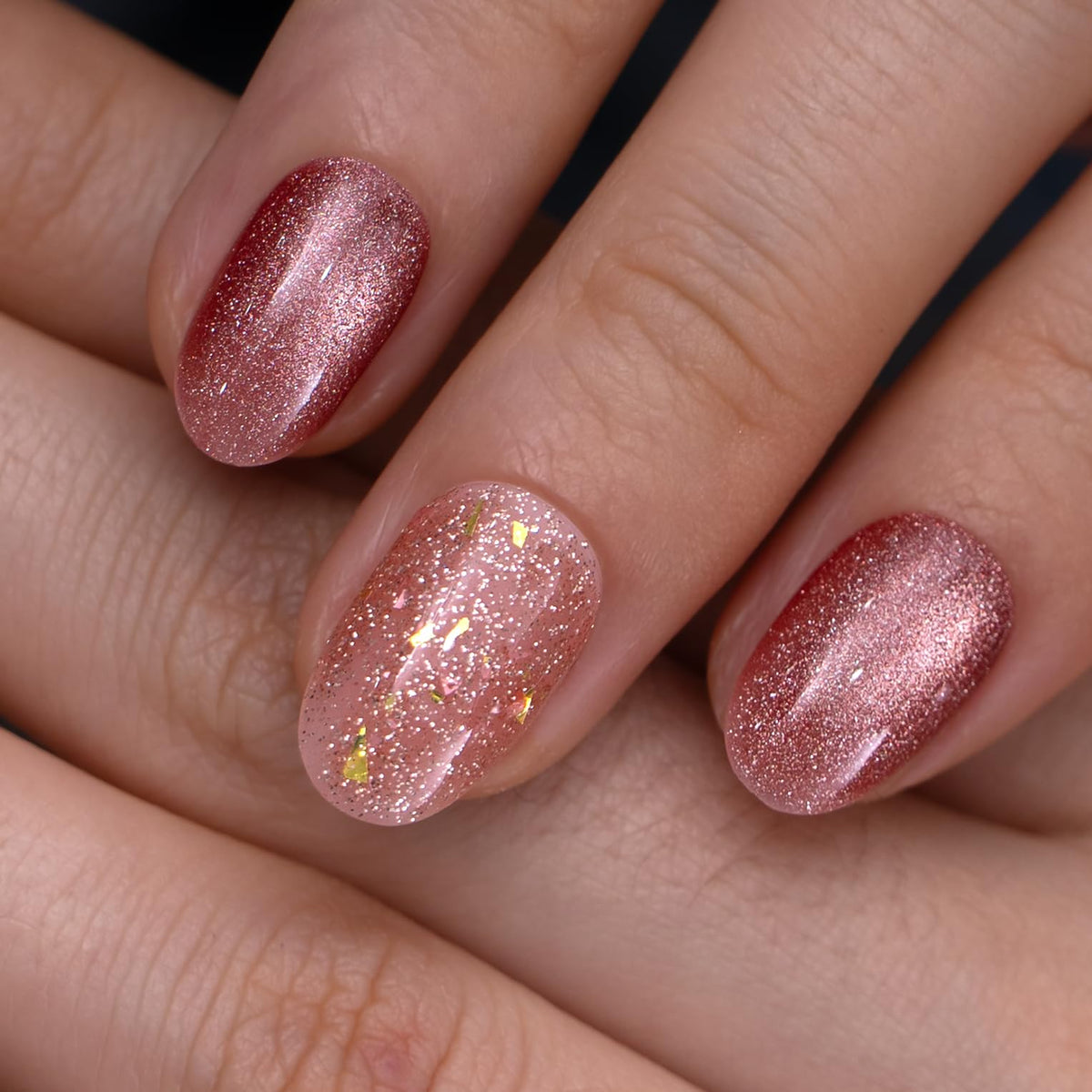 CurvLife Short Oval Chrome Nude Press On Nails, Champagne Pearl, Soft Gel