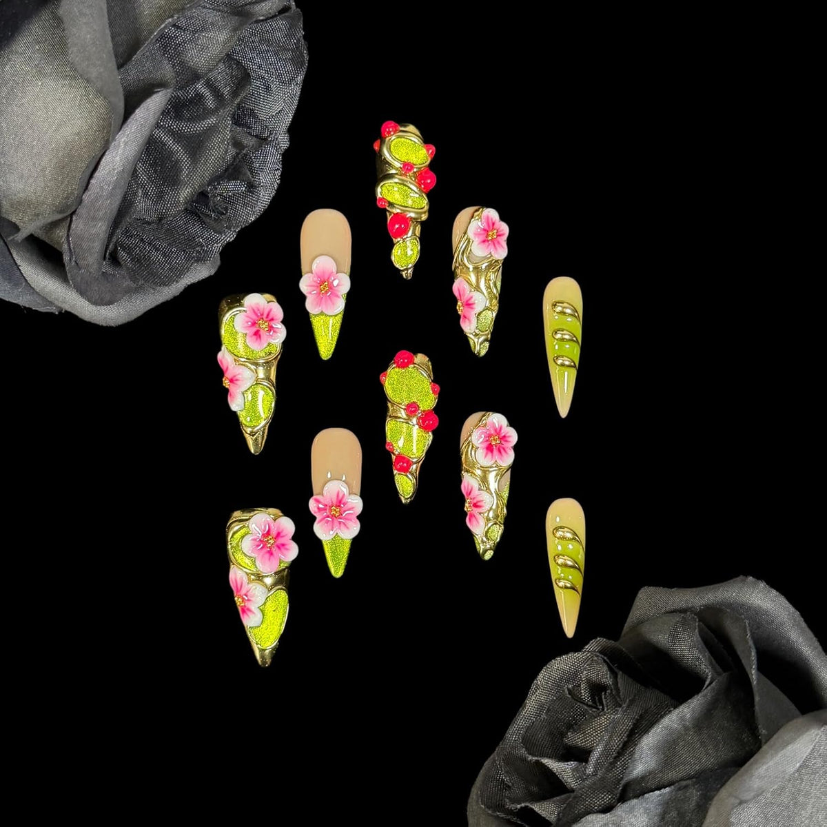 Handmade Luxury Floral Press On Nails Elven Forest (M)