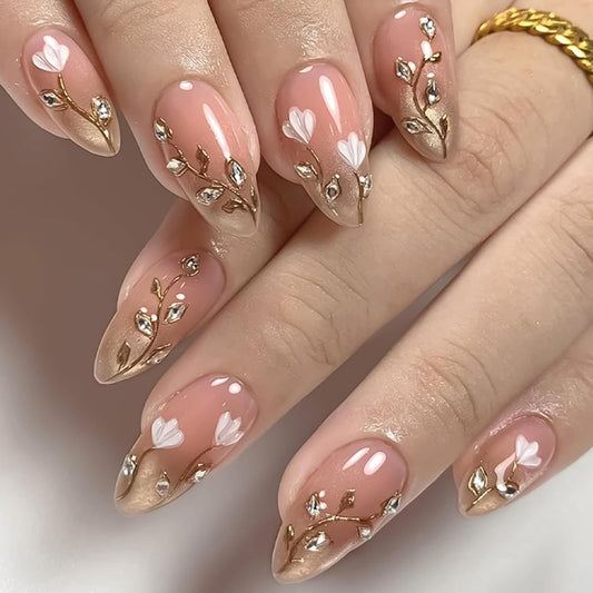 Press on Nails Medium Almond - 3D Gold Flower Vines with Rhinestone Fake Nails, Nude Pink Jelly Champagne Shimmer French Tip Bridal False Nails for Women, 30 Pcs