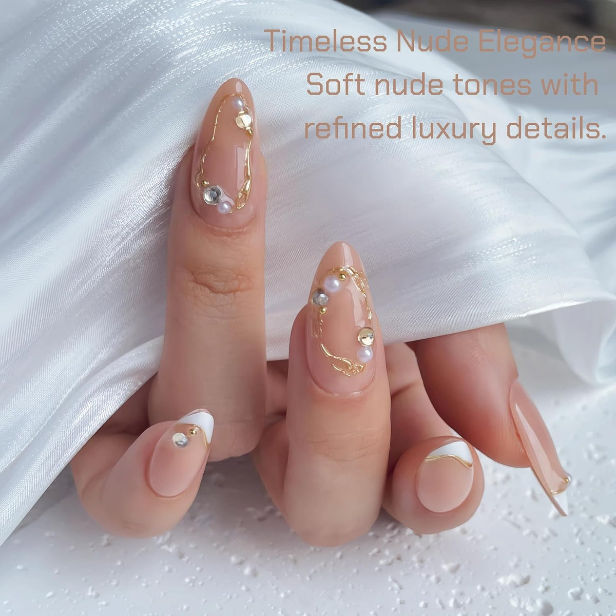 Nude Pearl Gold French Press on Nails Medium Almond Fake Nails Kit 24PCS