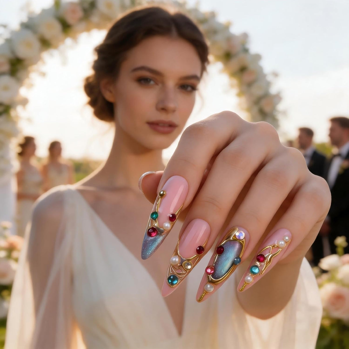 Luxury Handmade Press on Nails Long Stiletto Acrylic Fake Nails with Rhinestone Pearl Designs Glossy Full Cover Reusable Stick on Nails for Women Manicure 10Pcs