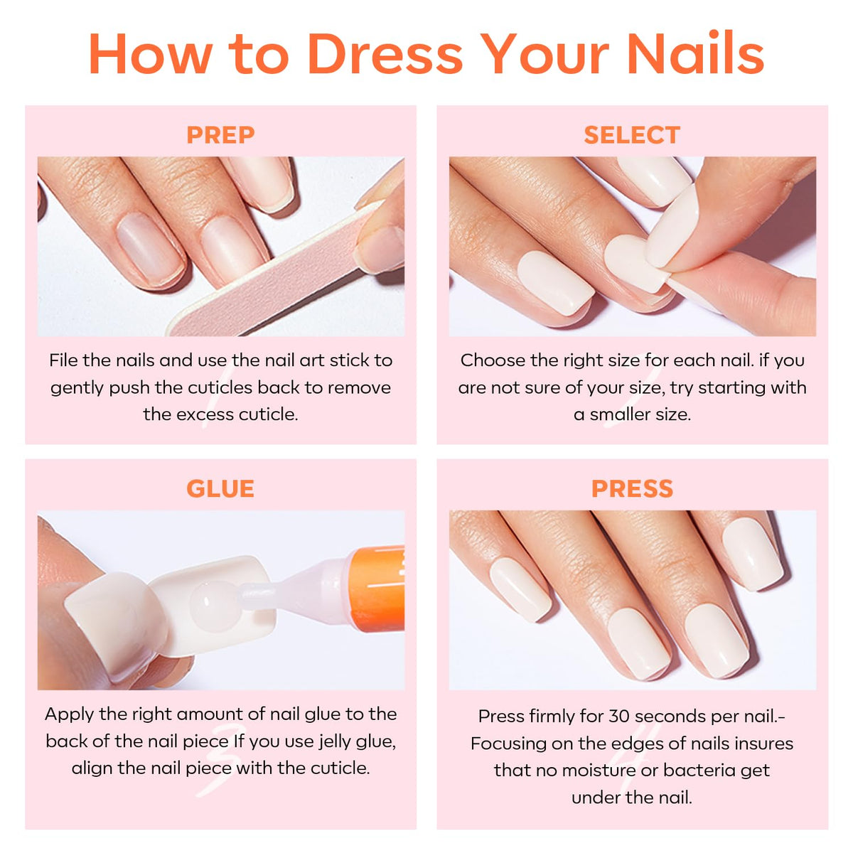 modelones Milky White Press On Nails Short Almond 32Pcs 16 Sizes Reusable
