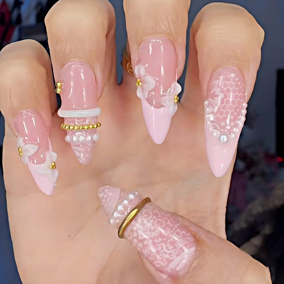 Almond Press on Nails Medium Fake Nails with 5D Metal Lines Charm Design Glossy Pink Nails Press on Curve Glue on Nails Reusable Luxury Silver Beads Acrylic Nail for Women 24Pcs