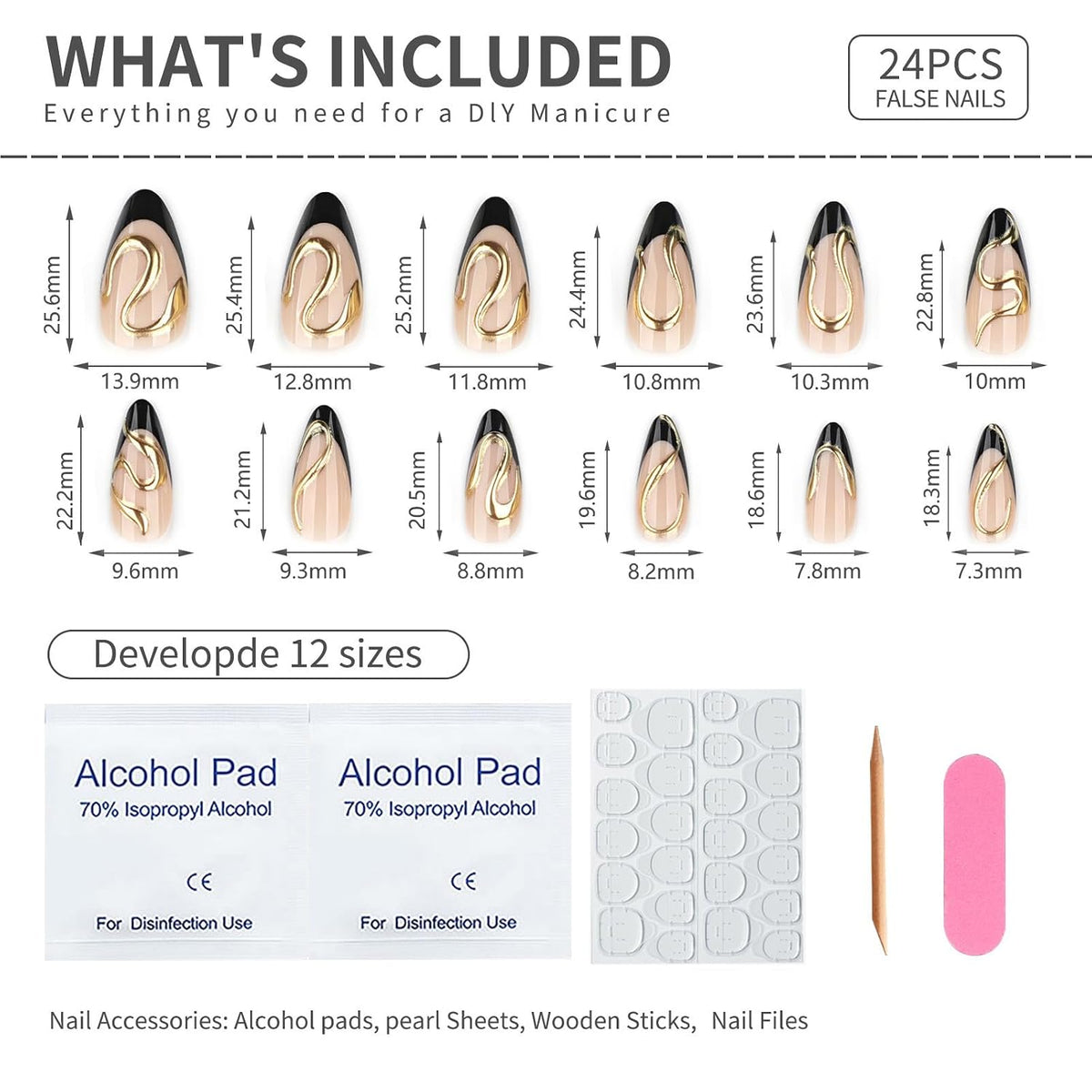 Black French Tip Press On Nails Almond Stiletto, Nude Glossy Fake Nails