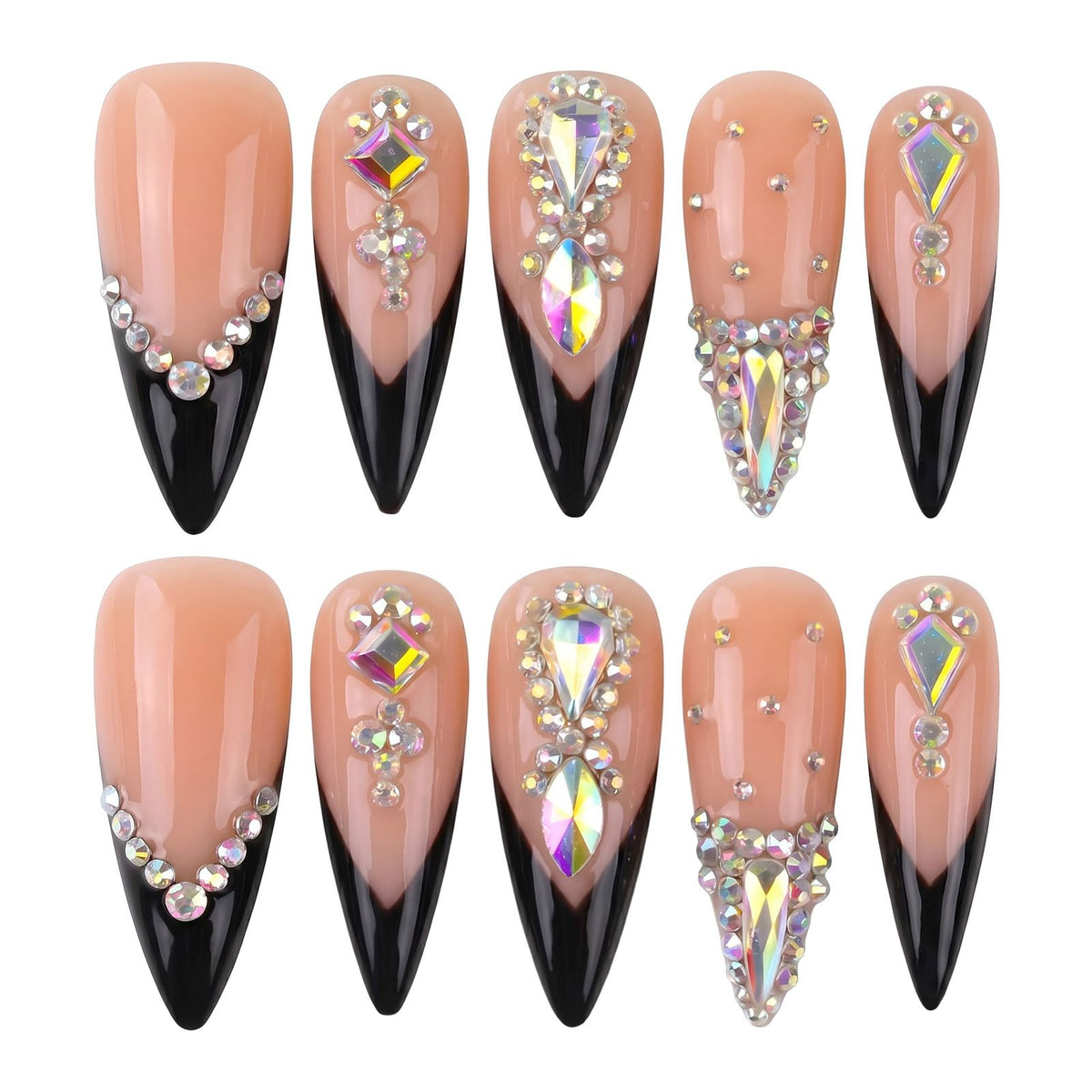 Handmade Press on Nails Long Stiletto - Liquid Gold Abstract Acrylic Fake Nails with Blue Shimmer & Colorful Gems, Luxury Reusable False Nails 10 pcs (Size M)