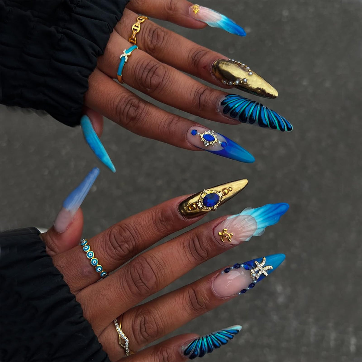 3D Gold Press on Nails Long Stiletto Fake Nails Glossy Nude Blue Full Cover