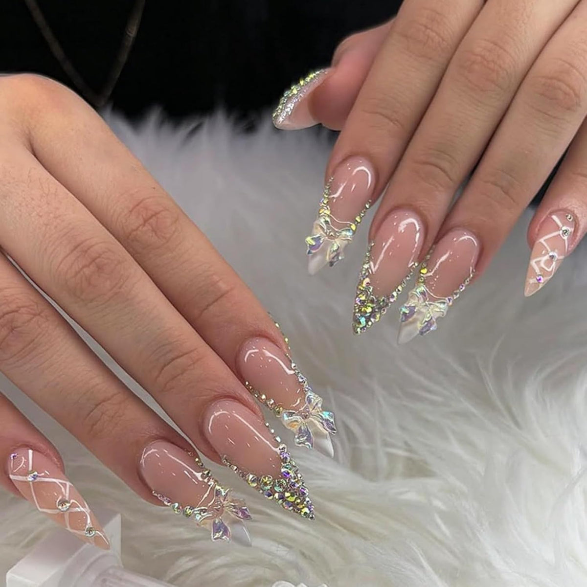 Rhinestone Press on Nails White French Tip Fake Nails with 3D Bow Design Glossy Full Cover Stick on Nail Sparkly Luxury Long Stiletto Nail Press ons for Women, 24Pcs