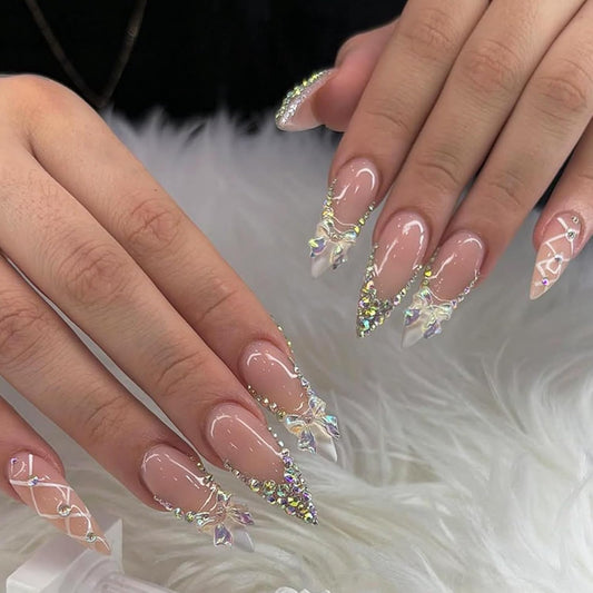 Rhinestone Press on Nails White French Tip Fake Nails with 3D Bow Design Glossy Full Cover Stick on Nail Sparkly Luxury Long Stiletto Nail Press ons for Women, 24Pcs