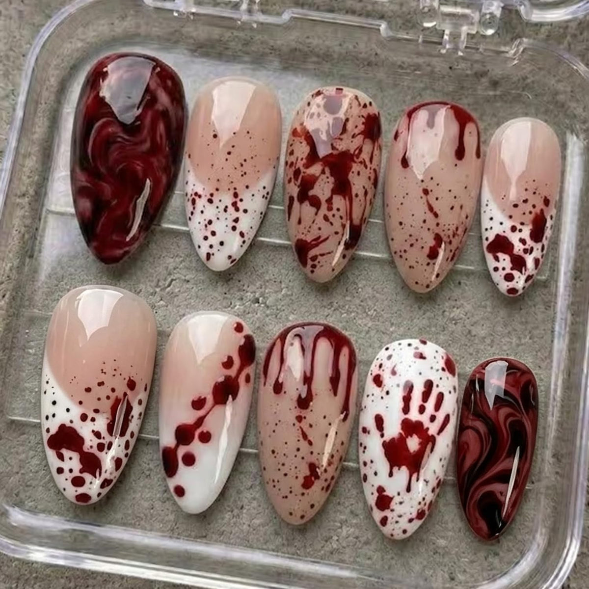 Almond Press on Nails White Flower with Gold Rhinestone Wedding Fake Nails