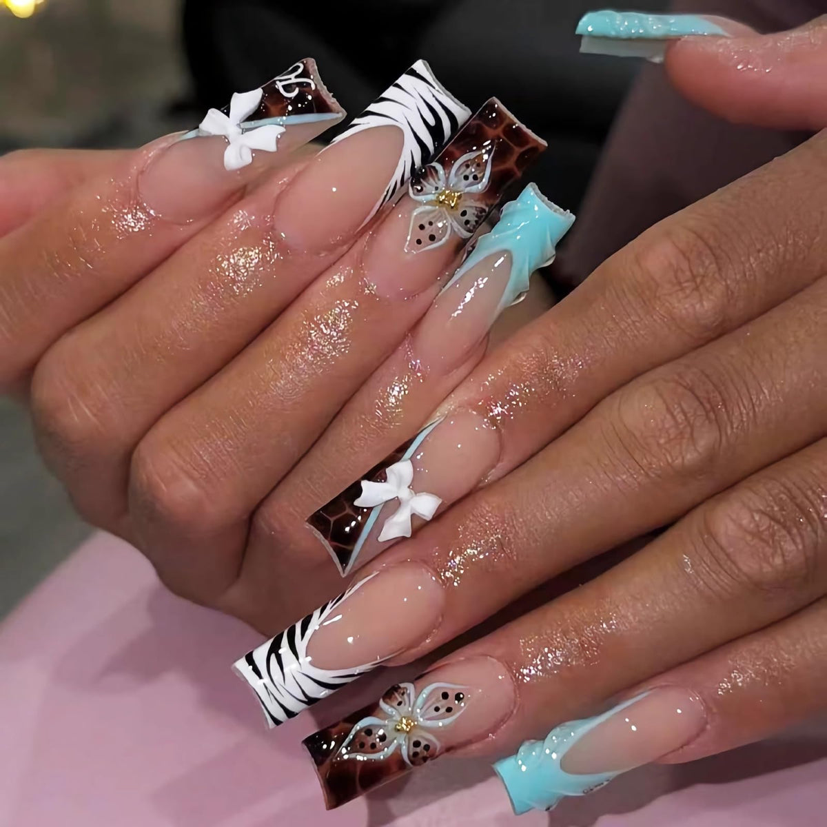 BABALAL Press On Nails Long Square Fake Nails Nude Pink White French Tip Lace Pearl Rhinestone Glossy Bridal Wedding Glue On Nails 24Pcs