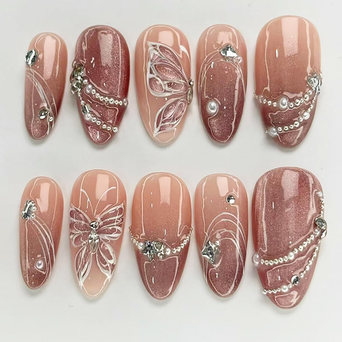 24Pcs Flower Press on Nails Medium Almond Fake Nails with Bow Rhinestones Designs Pink Acrylic Nails Glitter Glue on Nails Cute Floral False Nail Rose Flowers Stick on Nail for Women Nail Supplies