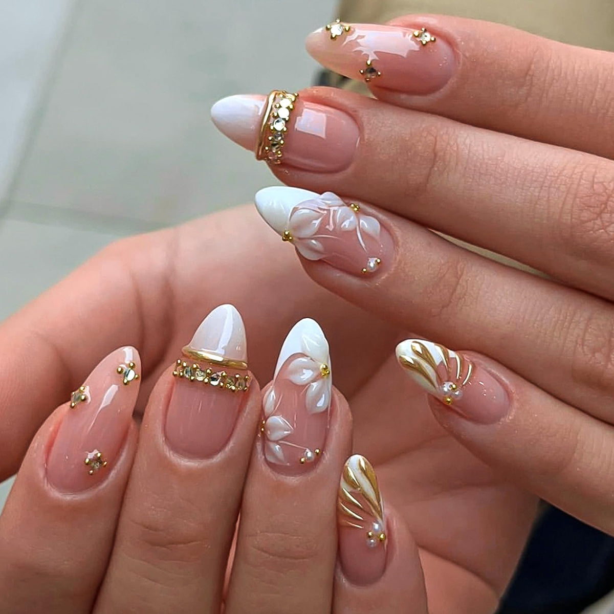 HOSAILY Luxury Press on Nails Medium Almond Rhinestones French Designs Fake Nails, 24PCS Glossy Sparkle Colorful Gems Stick on Nails for Women Party Daily Wear