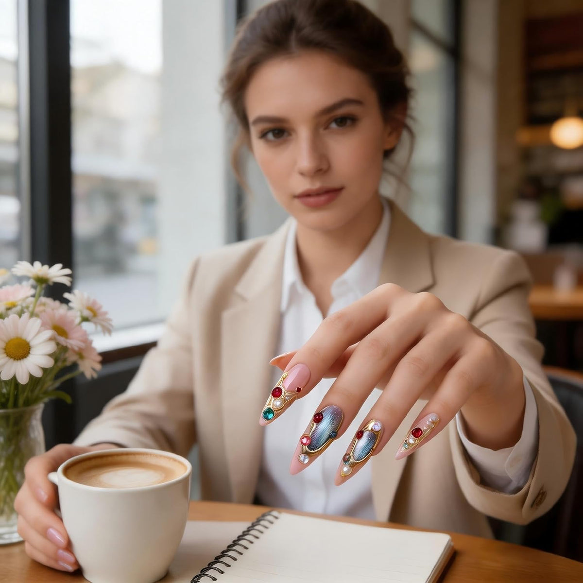 Luxury Handmade Press on Nails Long Stiletto Acrylic Fake Nails with Rhinestone Pearl Designs Glossy Full Cover Reusable Stick on Nails for Women Manicure 10Pcs