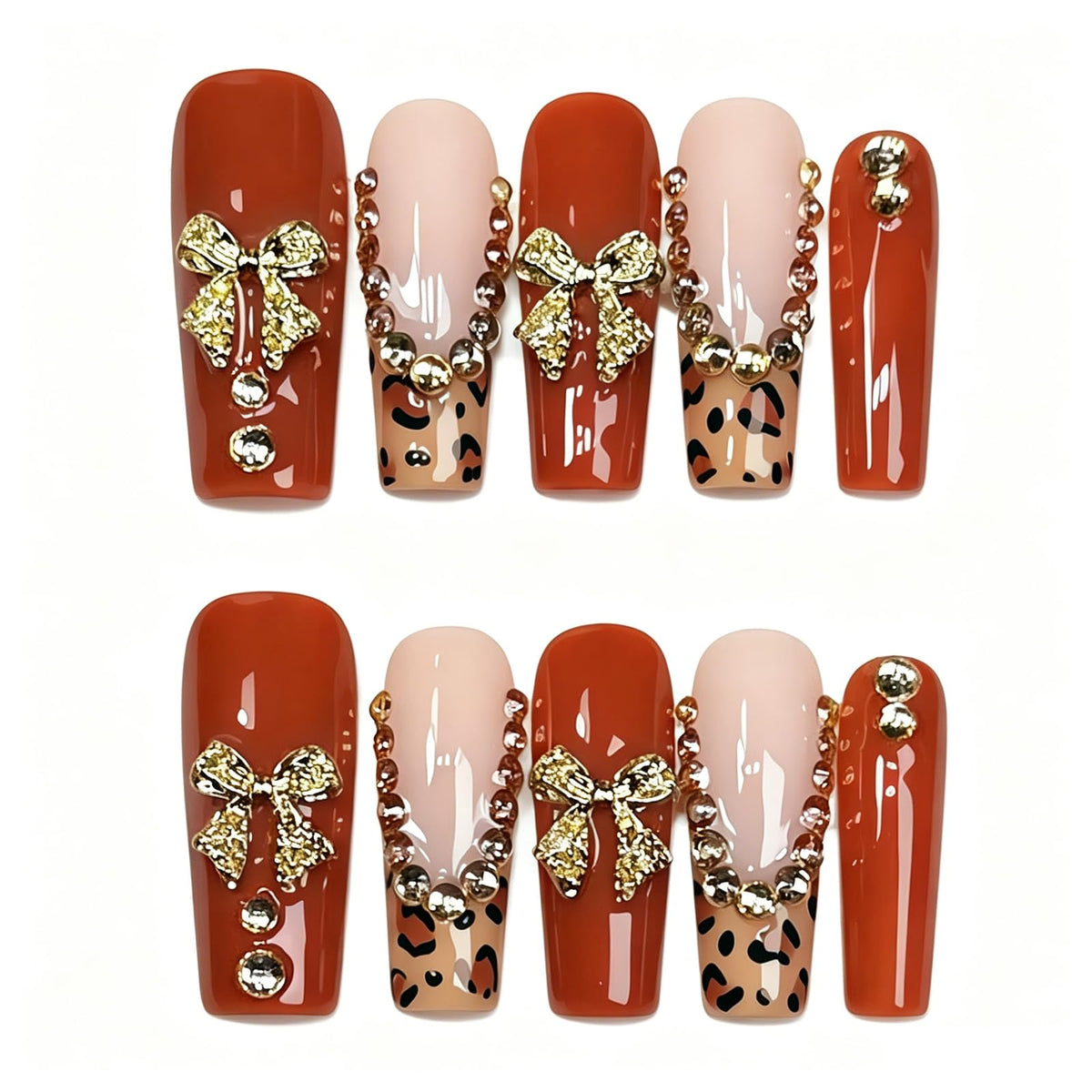 Handmade Press on Nails XL Long Square - Extra Long Orange French Acrylic Fake Nails with 3D Sculpted & Luxury Crystal Gems, Luxury Baddie Reusable False Nails 10 Pack (Size M)