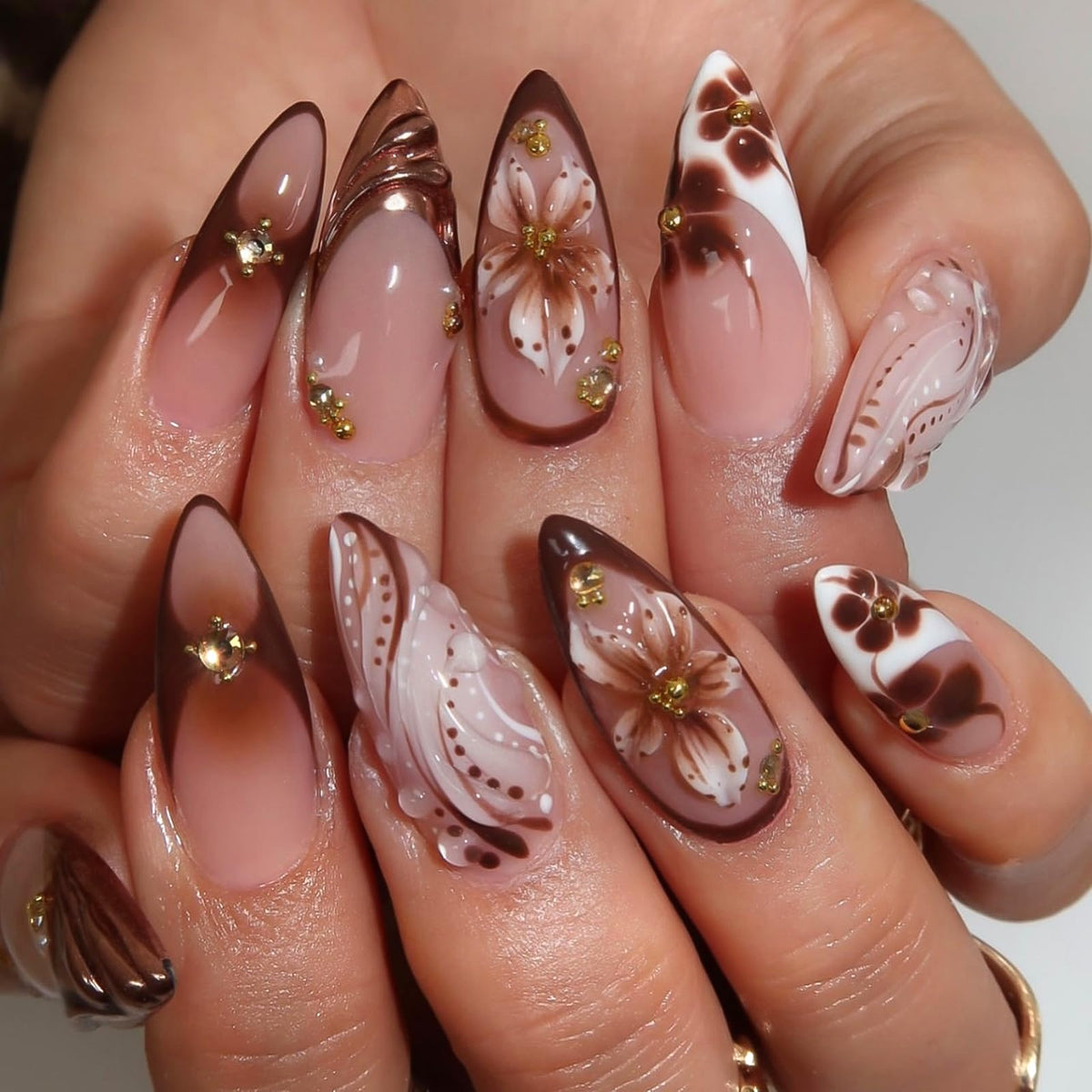 3D White Flower Press on Nails Medium Fakes Nails Almond Shape False Nails with Bling Rhinestones Designs, Glossy Reusable Elegant Acrylic Nails with Glue-24Pcs Nail Kit for Women Wedding Party