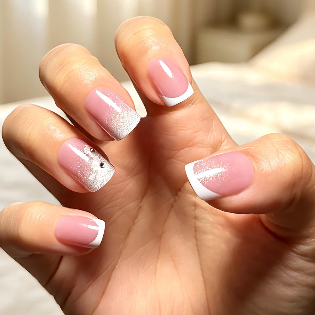 Press on Nails, 6 Packs (144 Pcs) Medium Almond Sets, Wedding French