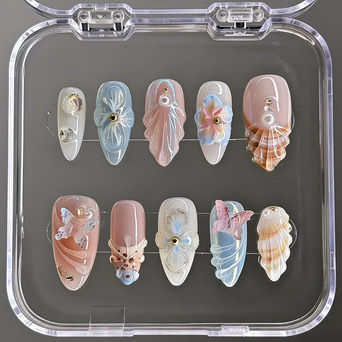 Handmade Almond Press on Nails Medium, Nude White French Tip Fake Nails with 3D White Flower Gold Metal Lines Pearl Decor, Glossy Reusable Full Cover False Nails for Women Wedding Daily(S)