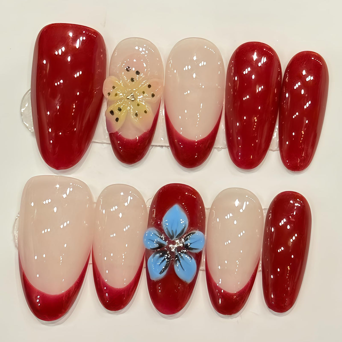 Nude Jelly Press on Nails Long Coffin, Handmade Luxury Rhinestone False Nails with Crystal & Pearl, Glossy Nude Ballerina Fake Nails Reusable Stick On Nails Set for Women 10Pcs