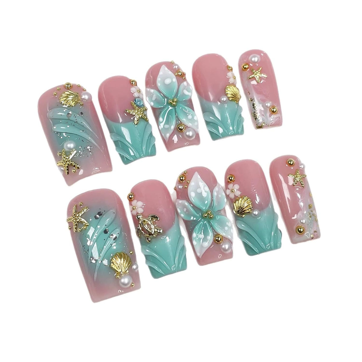 Luxury Handmade Press on Nails Medium Square Fake Nails Blue French False Nails with Ombre 3D Flower Art Design Acrylic Nails Handmade Stick on Nail for Women Manicure 10Pcs (Size M)