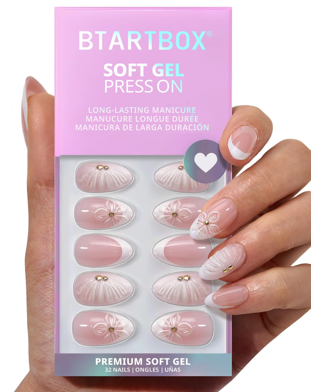BTArtbox Press On Nails, Extra Short Almond Baby Pink Nails, 32Pcs Full Kit
