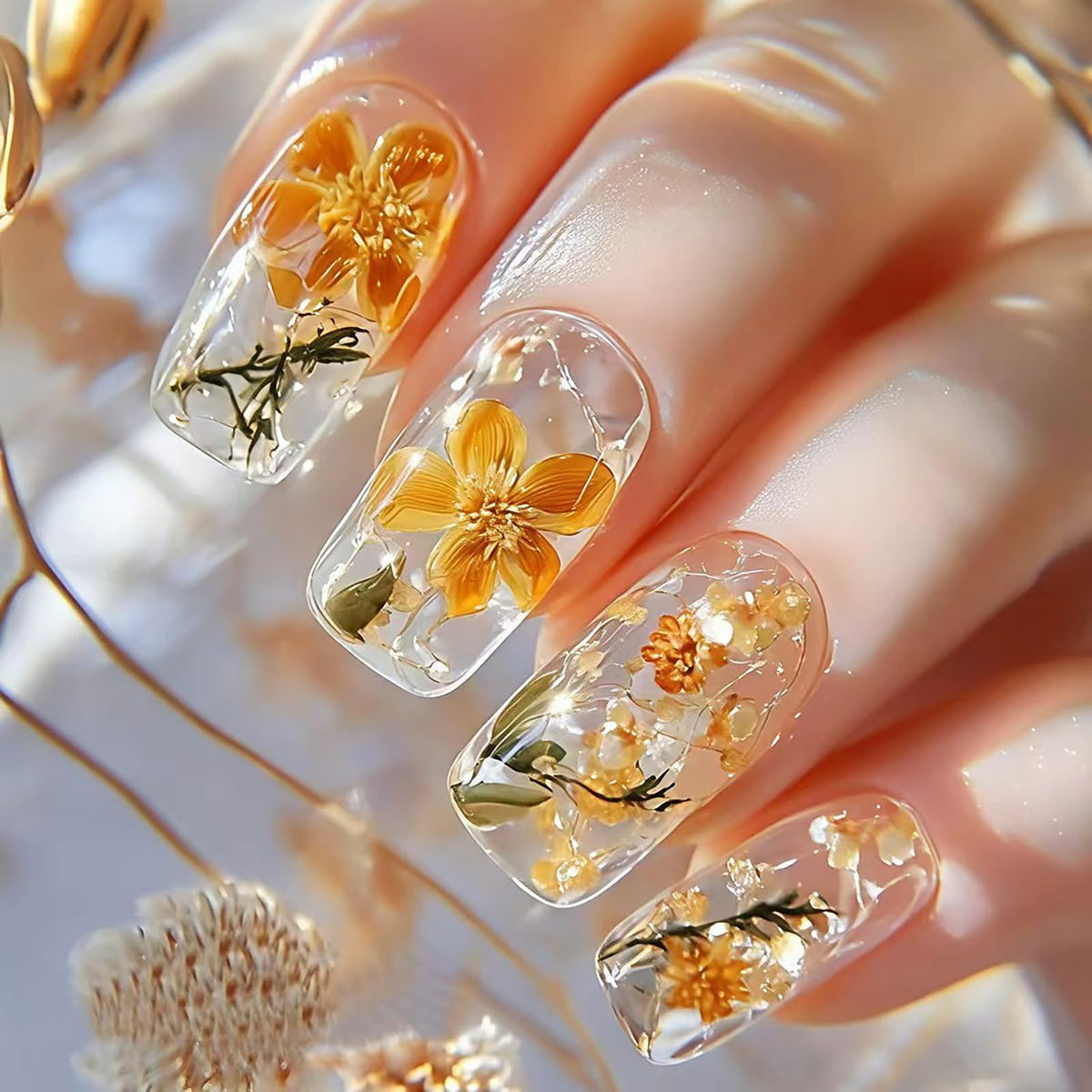 24Pcs Long Square Nude Pink White Nails Press ons Pearl Gold Flower Fake Nails Elegant False Nails Bridal Nails Glue on Luxurious Stick on Nails Casual Work for Girl Women Wedding Formal Occasions