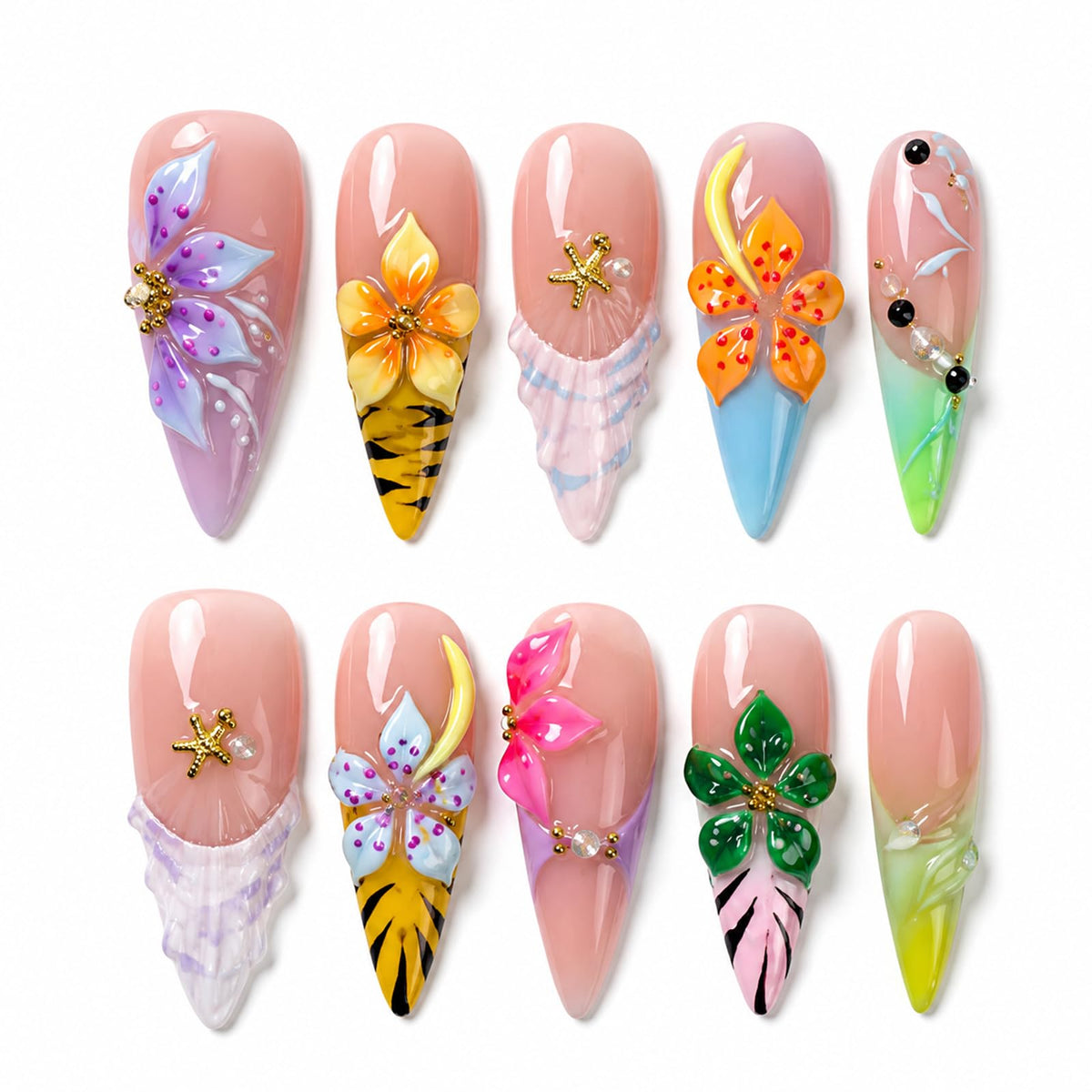 Handmade Press on Nails Long Stiletto - Liquid Gold Abstract Acrylic Fake Nails with Blue Shimmer & Colorful Gems, Luxury Reusable False Nails 10 pcs (Size M)