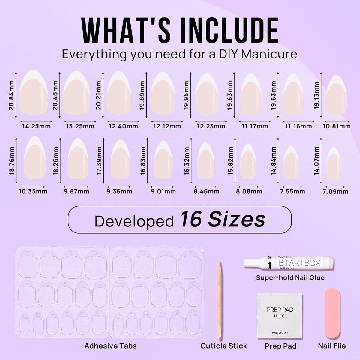 BTArtbox Press On Nails, Short Almond French Tip Nails, 32 Pcs Full Kit