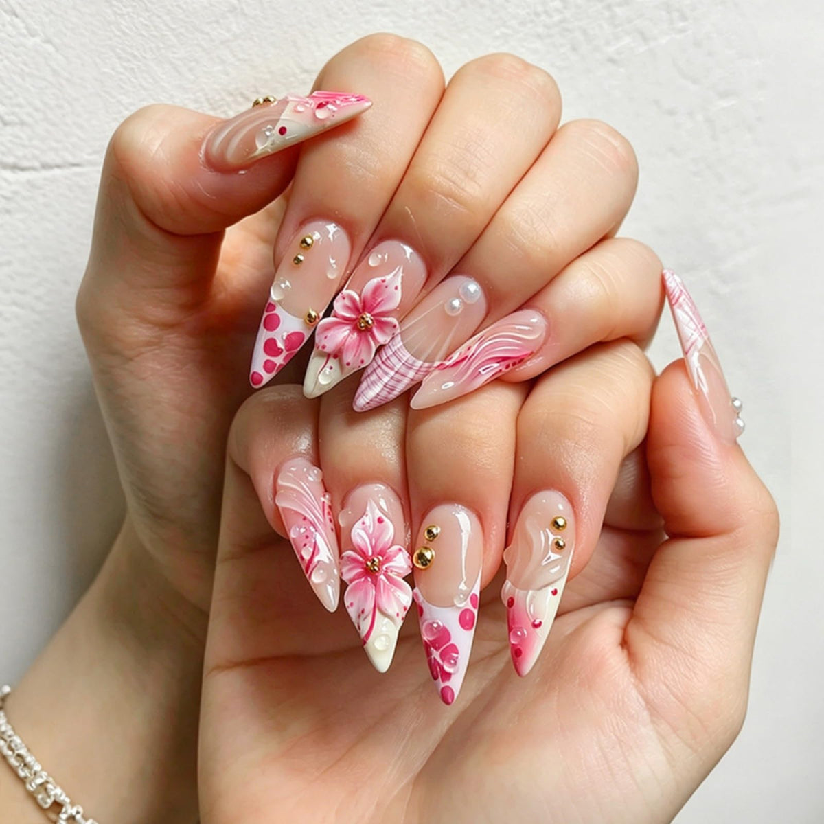 Rhinestone Press on Nails White French Tip Fake Nails with 3D Bow Design Glossy Full Cover Stick on Nail Sparkly Luxury Long Stiletto Nail Press ons for Women, 24Pcs