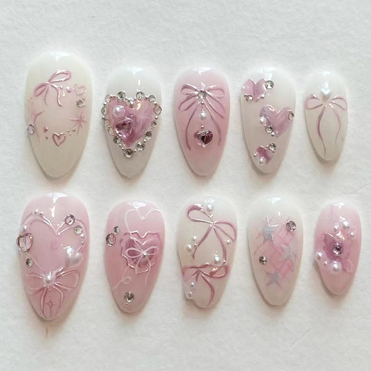 Green Press on Nails Medium Almond Fake Nails with 3D Pearl Rhinestones Designs Gold French Tips Flower Acrylic Nails False Nails White Floral Full Cover Glossy Stick on Nails for Women 24Pcs