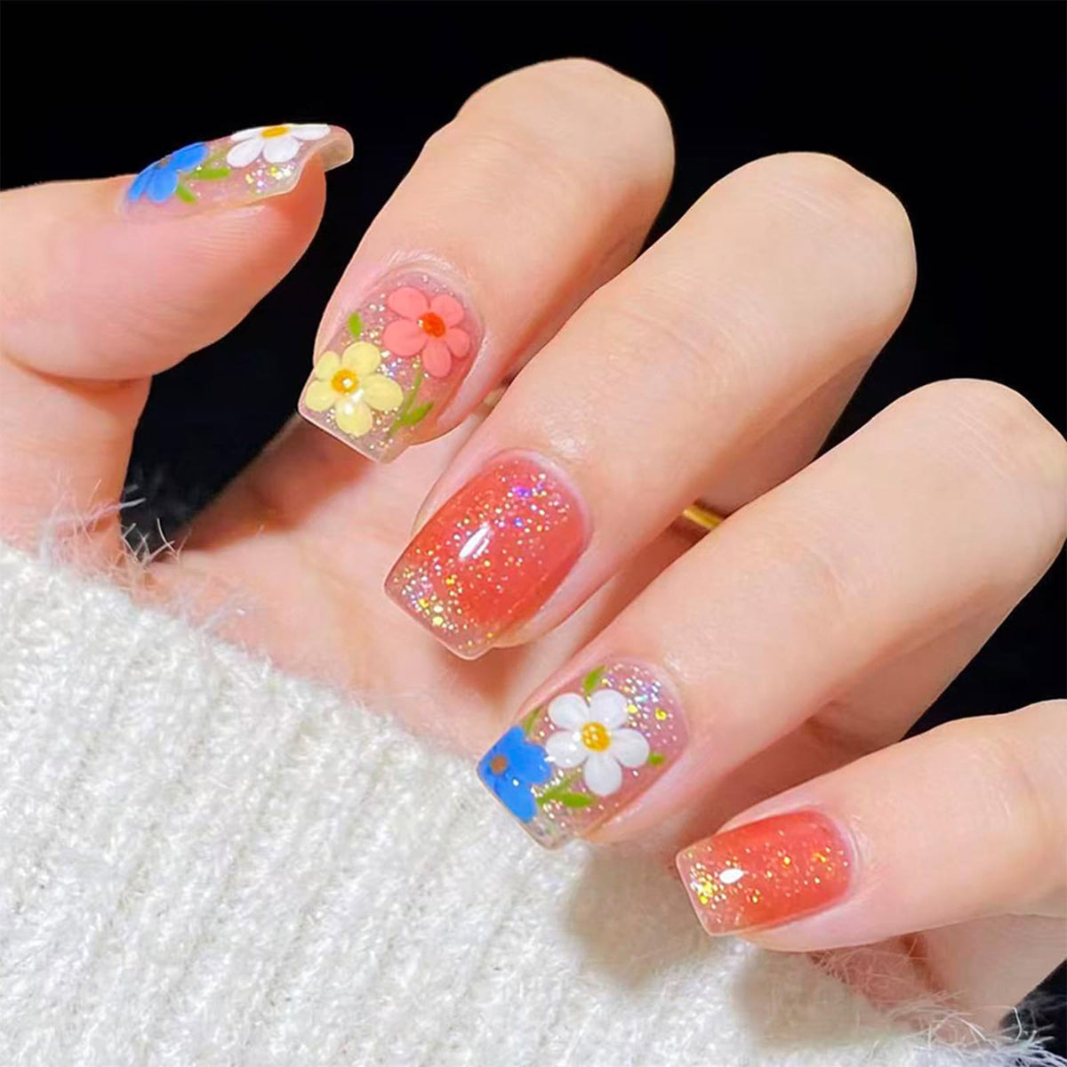 Press on Nails with Shimmer Design Glossy White French Tips Short Square False Nails Silver Glitter Fake Nail Nude Minimalist Stick on Fingernails Pink Glue on Nail for Women Bridal Daily Wear