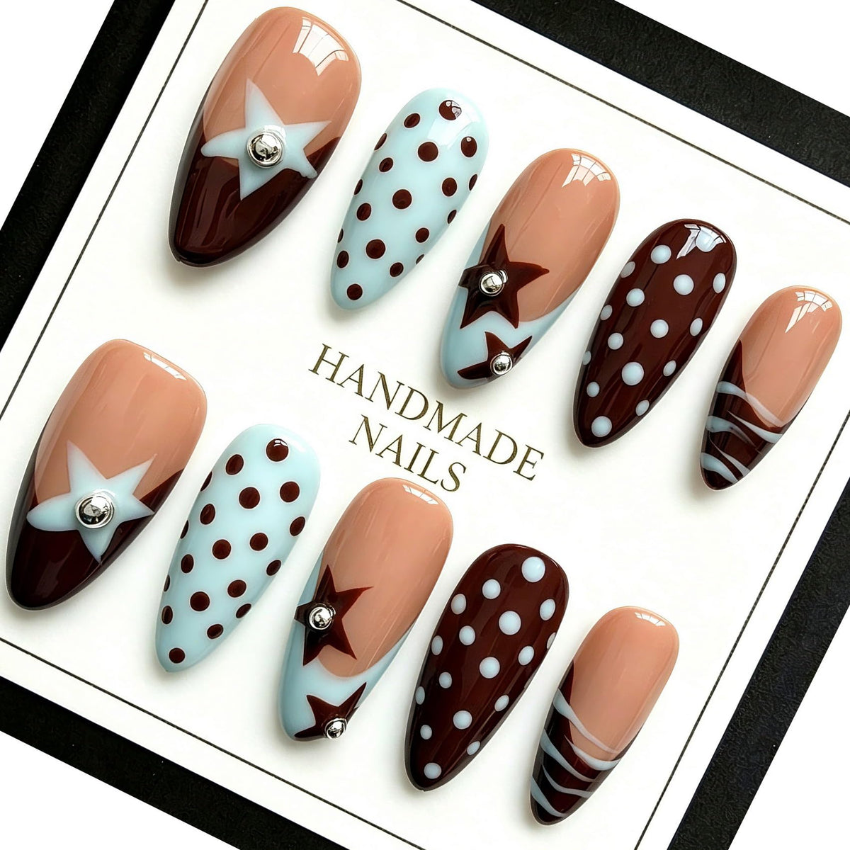 Handmade Almond Press on Nails, Abstract 3D Floral Gold, 10Pcs