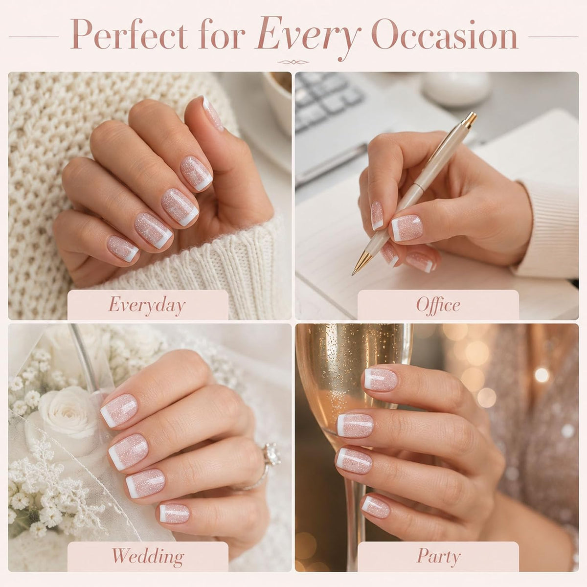 Press On Nails Short Square, Nude Pink Silver Glitter White French Tip Glossy Fake Nails, Full Cover Acrylic Gel False Artificial Nails for Bridal Wedding Daily Office Date Party Wear