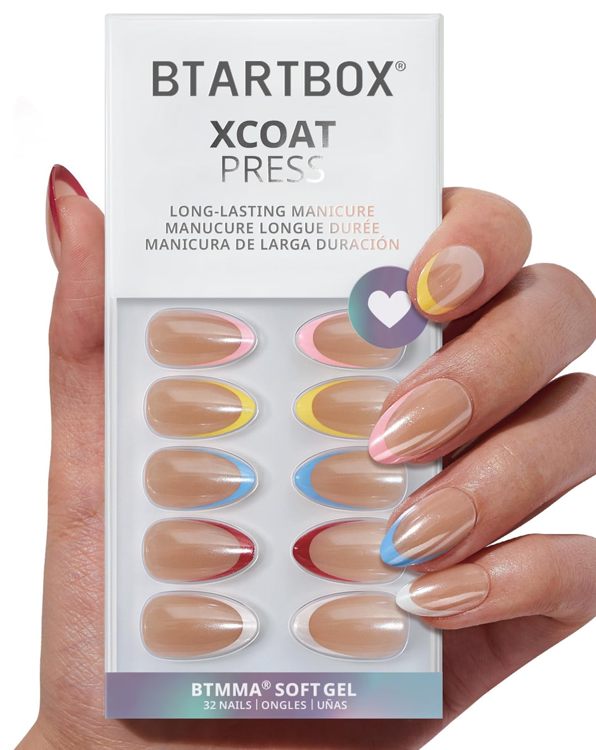 BTArtbox Press On Nails, French Tip Short Square Nails, 32 Pcs Full Kit