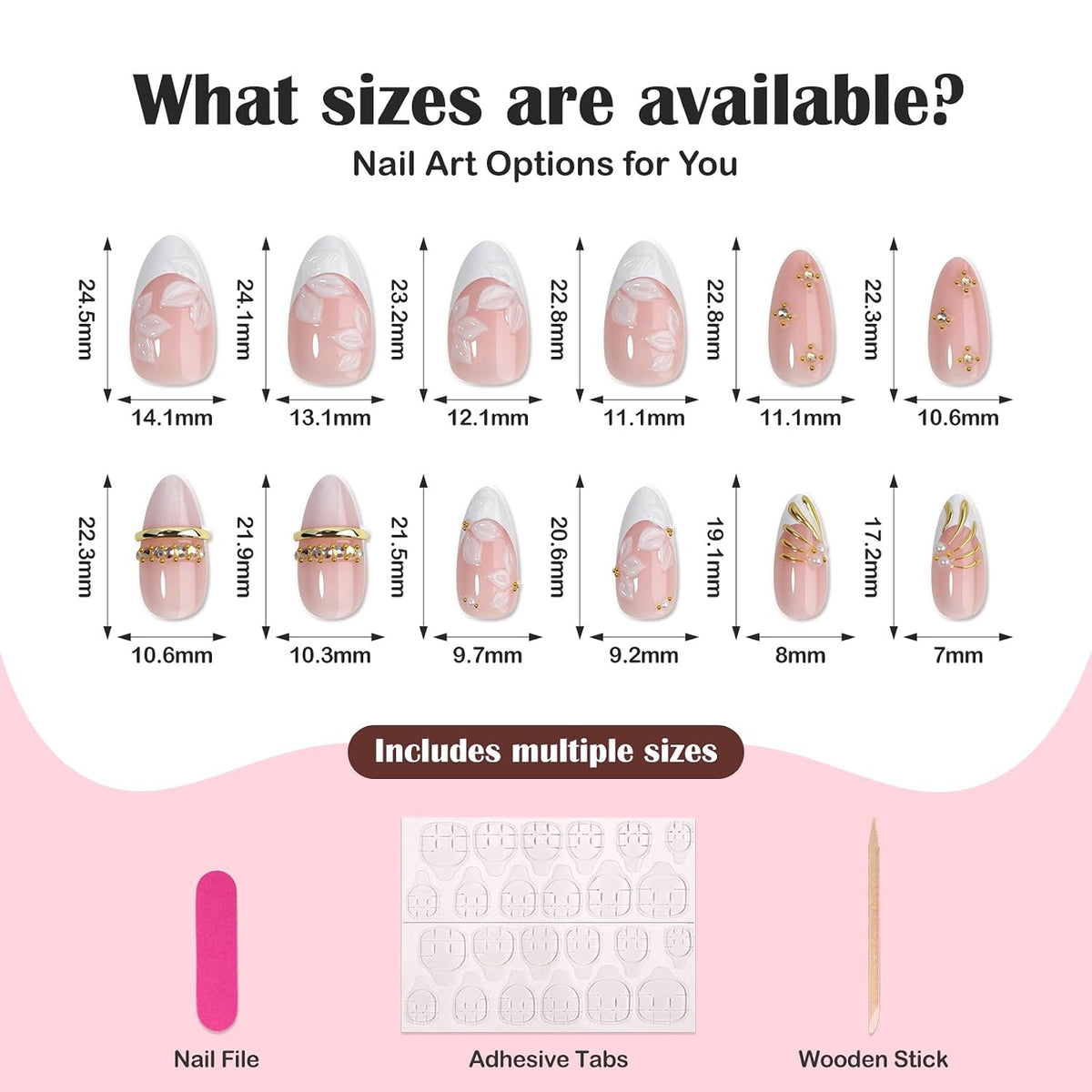 HOSAILY Medium Almond White French Tip Press on Nails 3D White Embossed Floral Designs Fake Nails Pearl Gold Glue on Nails Rhinestones Stick on Nails, 24PCS Bridal Luxury Nails for Women Daily Wedding