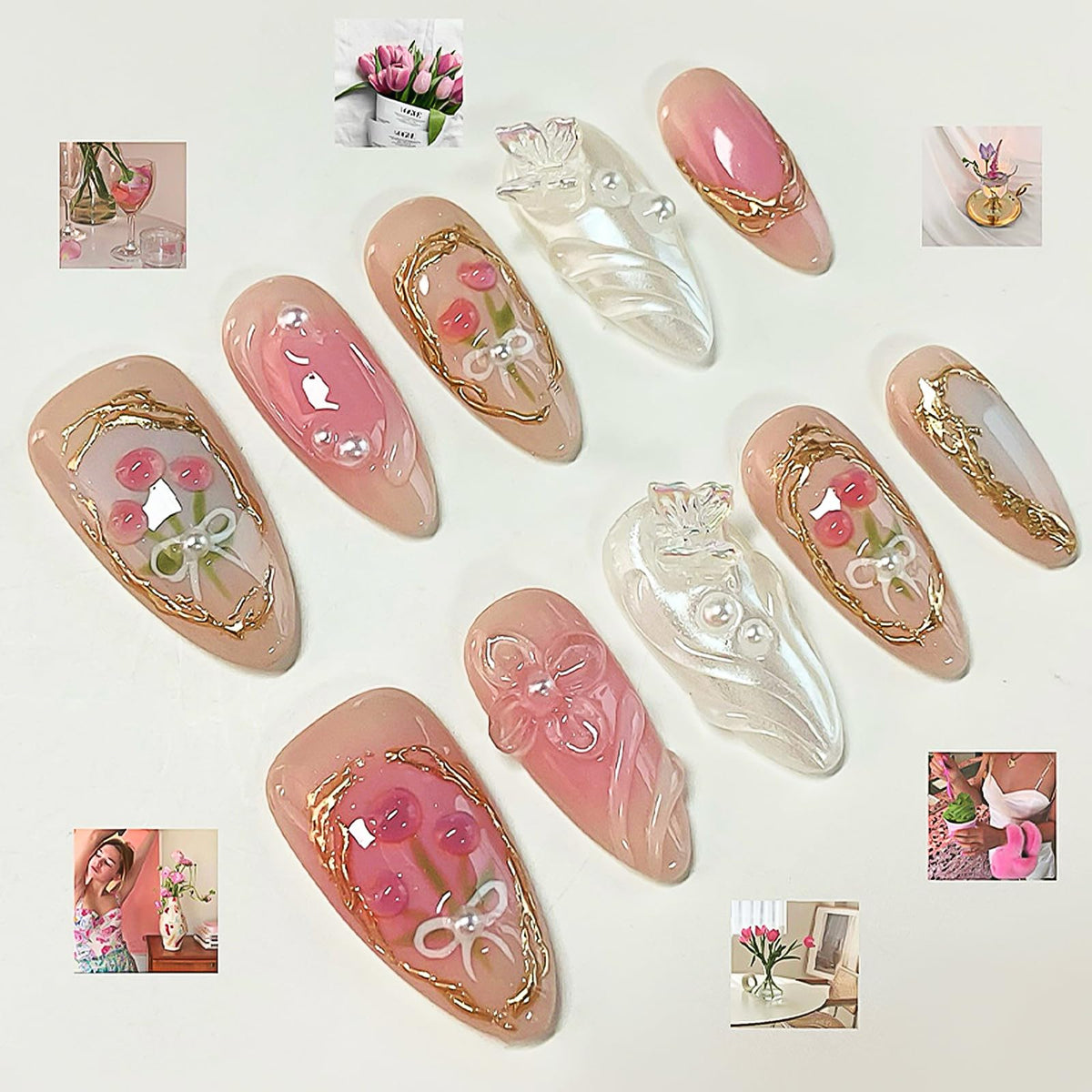 Press on Nails Medium Almond - 3D Red Hibiscus Flower Olive Green Fake Nails, Jade Agate Retro Stick on False Nails for Women & Girls, 30 Pcs