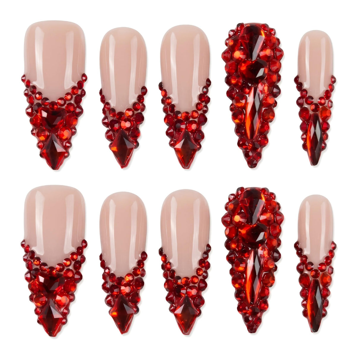 Luxury Handmade Press on Nails Long Stiletto Acrylic Fake Nails with Rhinestone Pearl Designs Glossy Full Cover Reusable Stick on Nails for Women Manicure 10Pcs