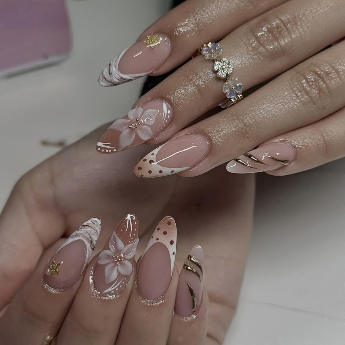 Almond Press on Nails Medium Fake Nails with 5D Metal Lines Charm Design Glossy Pink Nails Press on Curve Glue on Nails Reusable Luxury Silver Beads Acrylic Nail for Women 24Pcs
