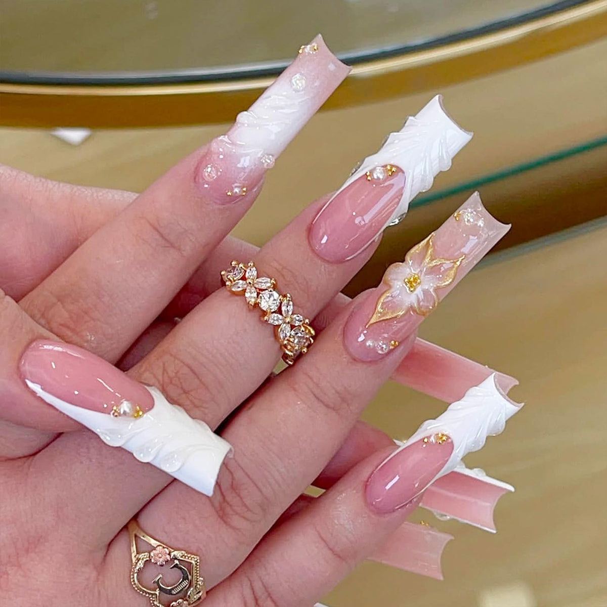 Long Square Press on Nails Bling Gold Chain & Crystal Nails,Fake Nails Artificial Stick on Nails for Women, Nude Pink Glam Prom Wedding Nails with Diamonds