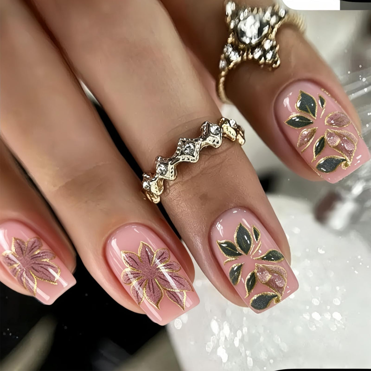 Press on Nails with Shimmer Design Glossy White French Tips Short Square False Nails Silver Glitter Fake Nail Nude Minimalist Stick on Fingernails Pink Glue on Nail for Women Bridal Daily Wear