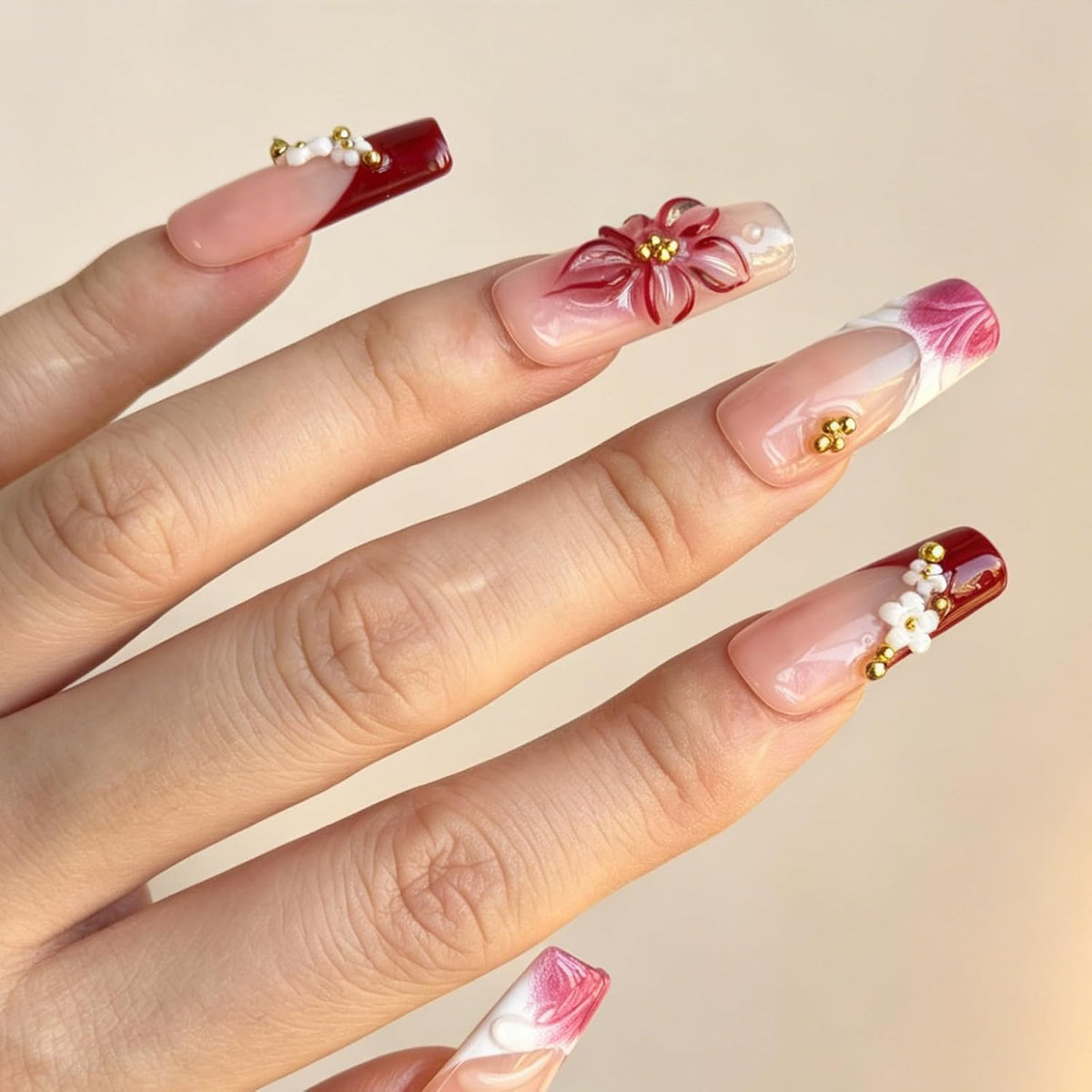 Nude Gradient Long Square Handmade French Tip Press On Nails