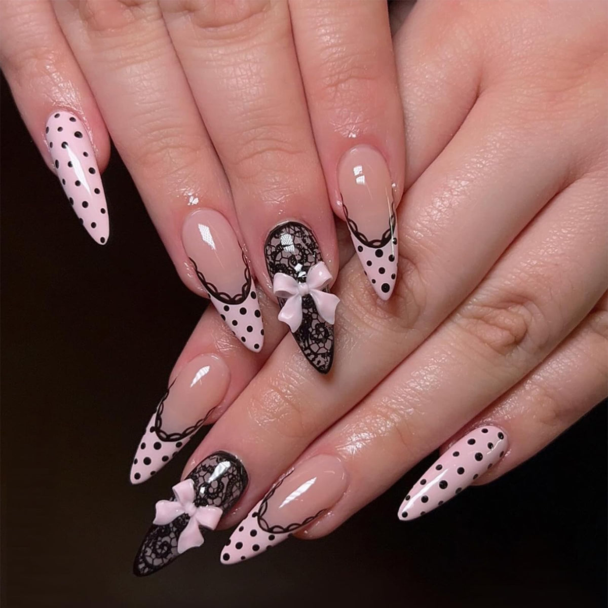 IMRAIN Long Press on Nails Stiletto Pink Fake Nails Rhinestone & Flower Designs Glossy Glue on Acrylic Nails Full Cover Luxury Bling Handmade Stick on False Nails for Women 24Pcs