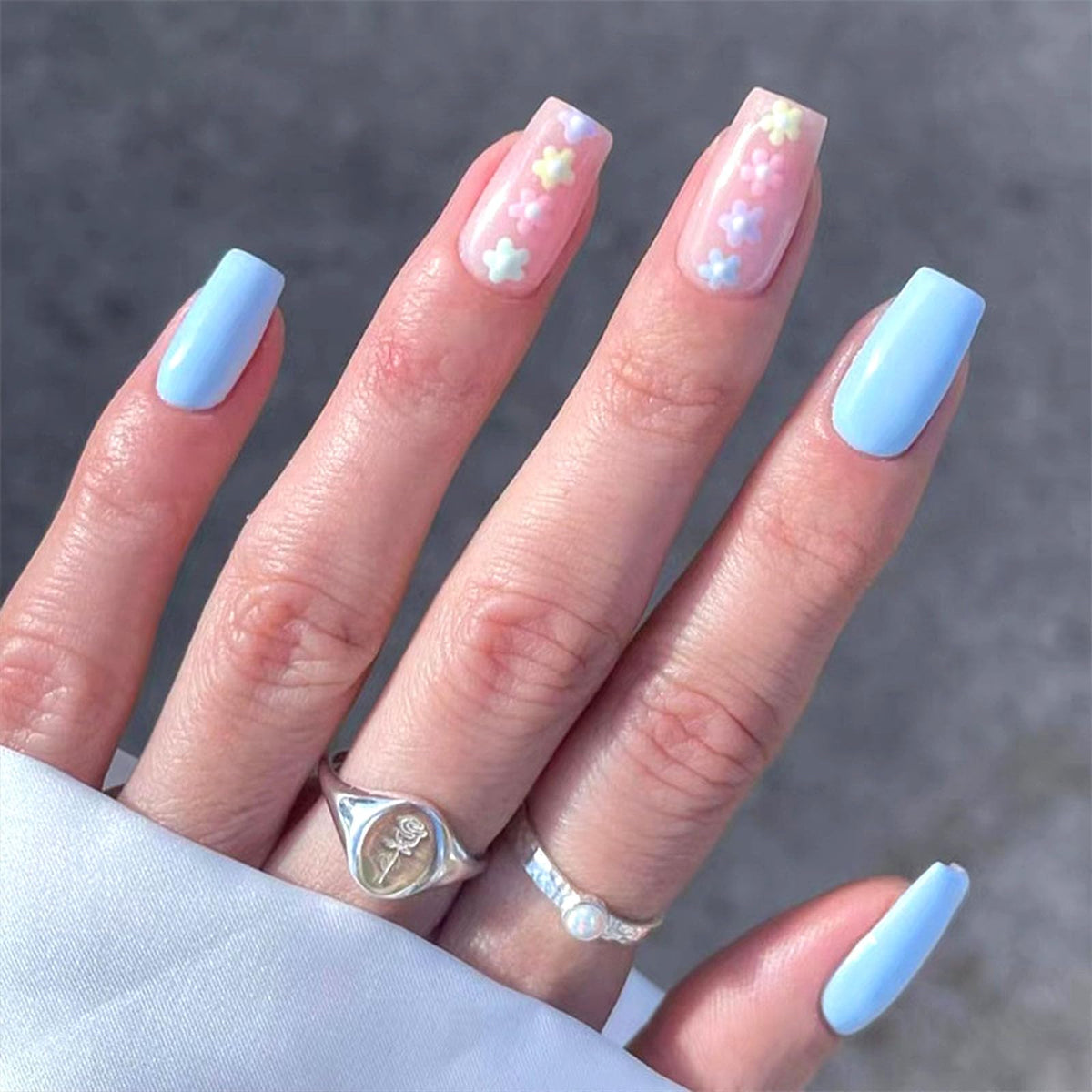 Medium Press on Nails Square White French Tip False Nails with Glitter Design Cute Fake Nails Light Pink Full Cover Nails Press ons Glossy Glue on Nails for Girls and Women 24Pcs