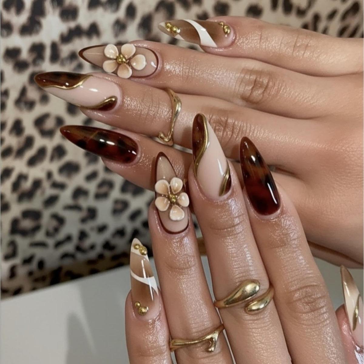 French Tips Press on Nails Medium Almond Nails Press on with 5D Flower Charm Design Glossy Brown Glue on Nails Water Ripple Rhinestones Fake Nail Reusable Fall Winter Nail for Women Manicure 24Pcs